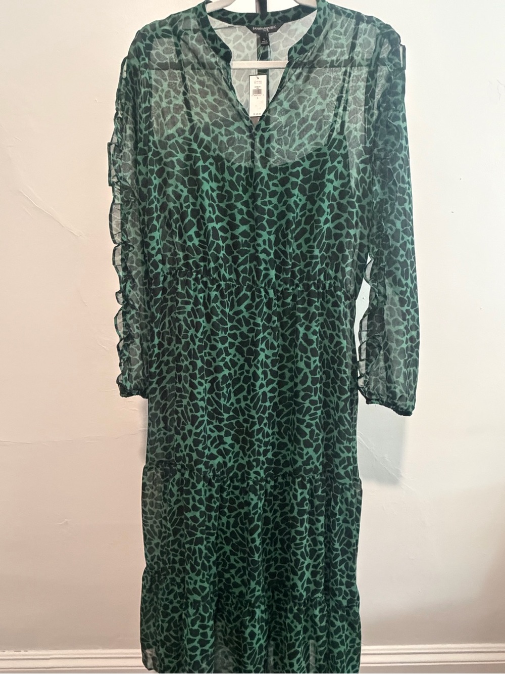 NWT Banana Republic Green Print Sheer Long Sleeve Dress Fully Lined